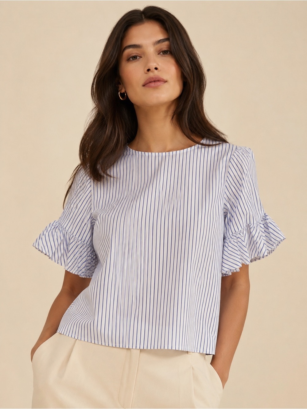 Calvin Klein Blue and White Striped Ruffle Sleeve Blouse